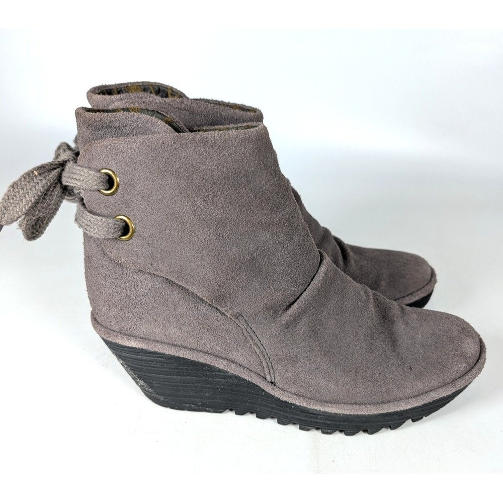 Fly London Yama Ankle Wedge Gray Suede Booties Women's Size 40/9.5